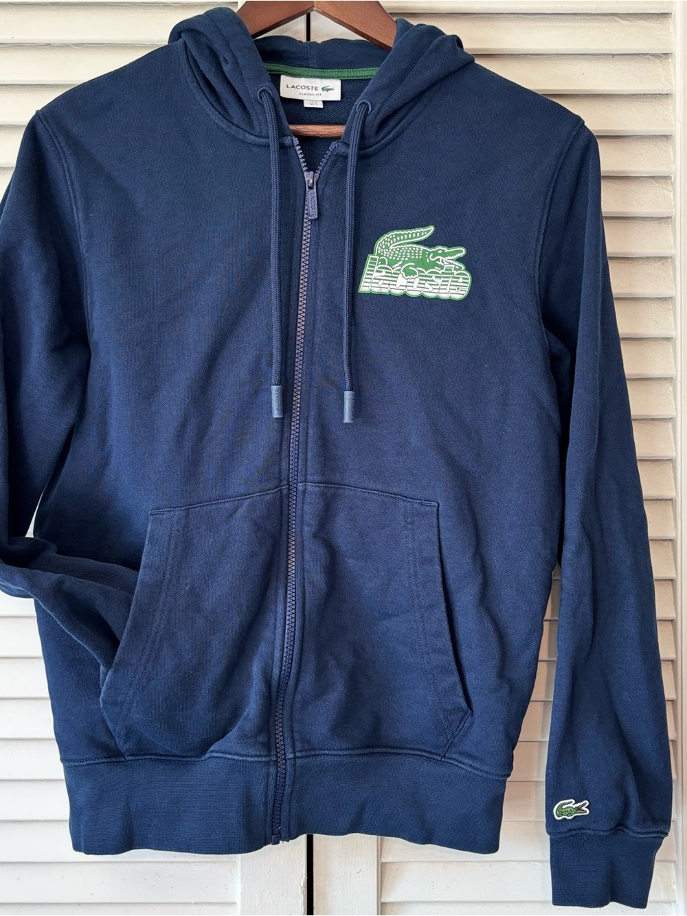 Lacoste Navy Zip-Up Hoodie with Green Crocodile Patch